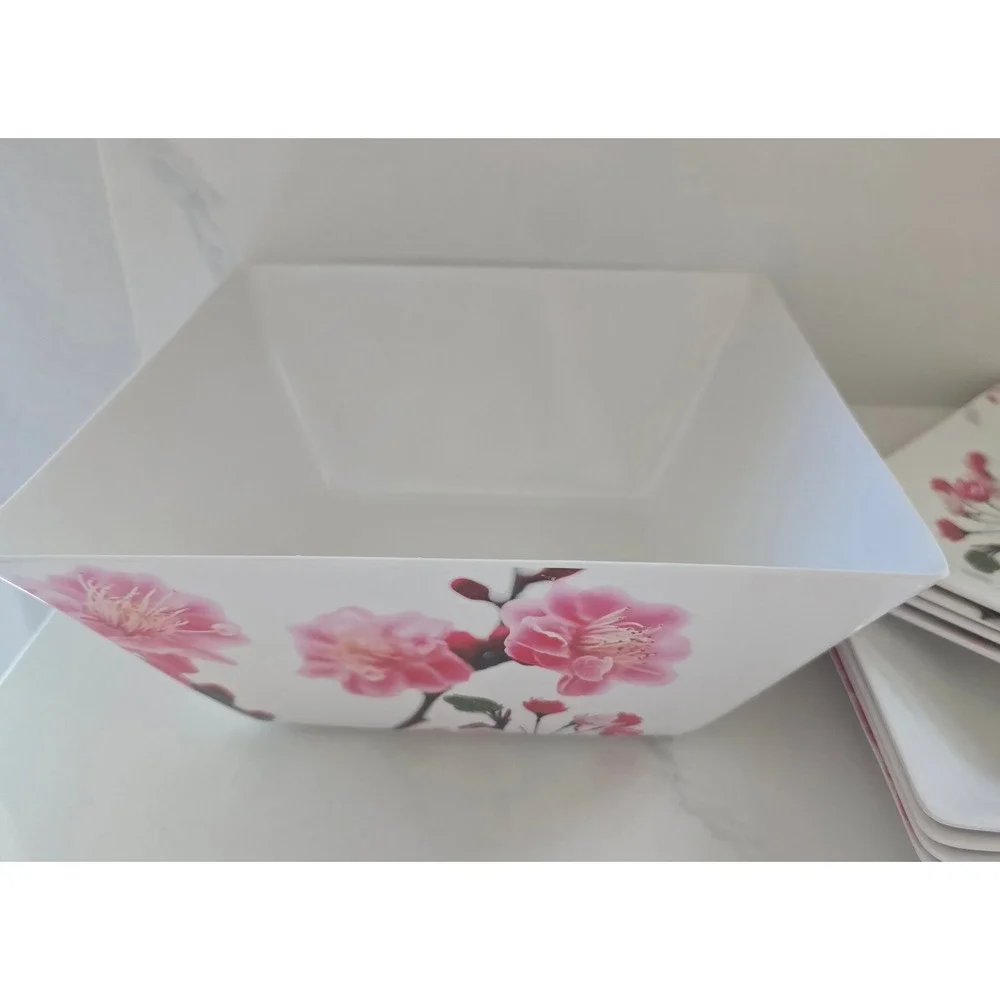13pc Melamine Dinnerware Set Pink Cherry Blossom Square Plates Serving Bowls